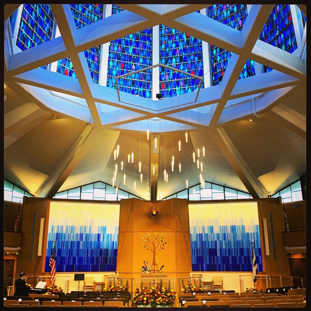 A square photograph of an ornate synagogue sanctuary with a dome of stained glass windows shining natural light down on the seats. The ark has a fairly unstylized tree on the door.